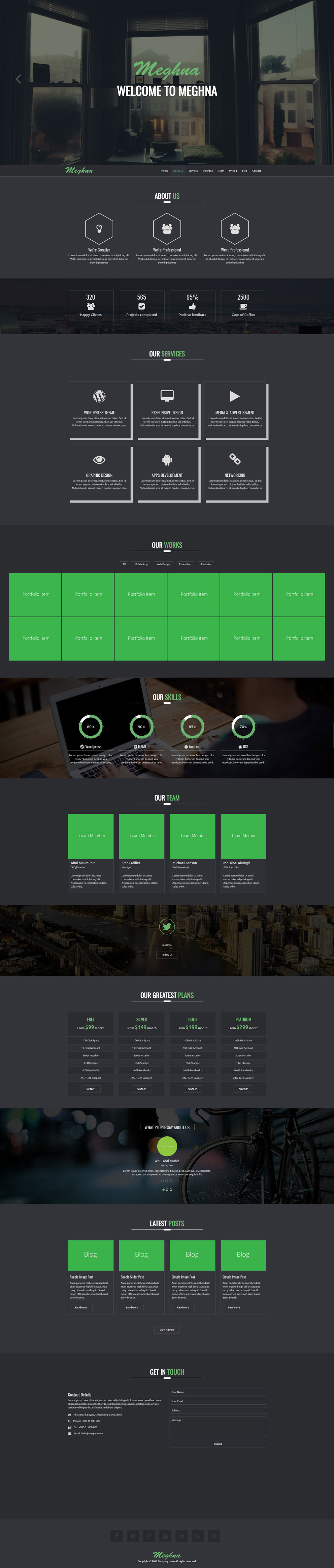  Bootstrap黑绿色响应式网站模板 - Meghna 