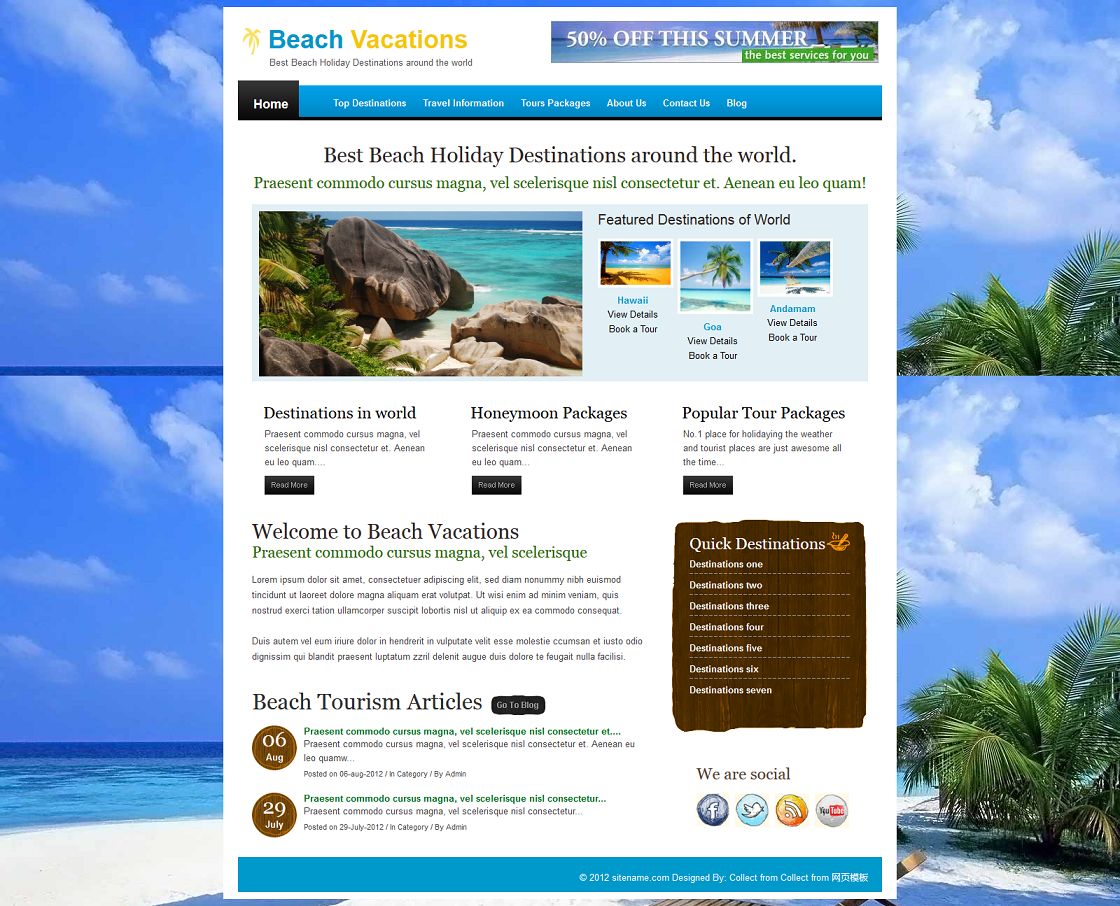 蓝色漂亮的旅游休闲度假企业网页模板